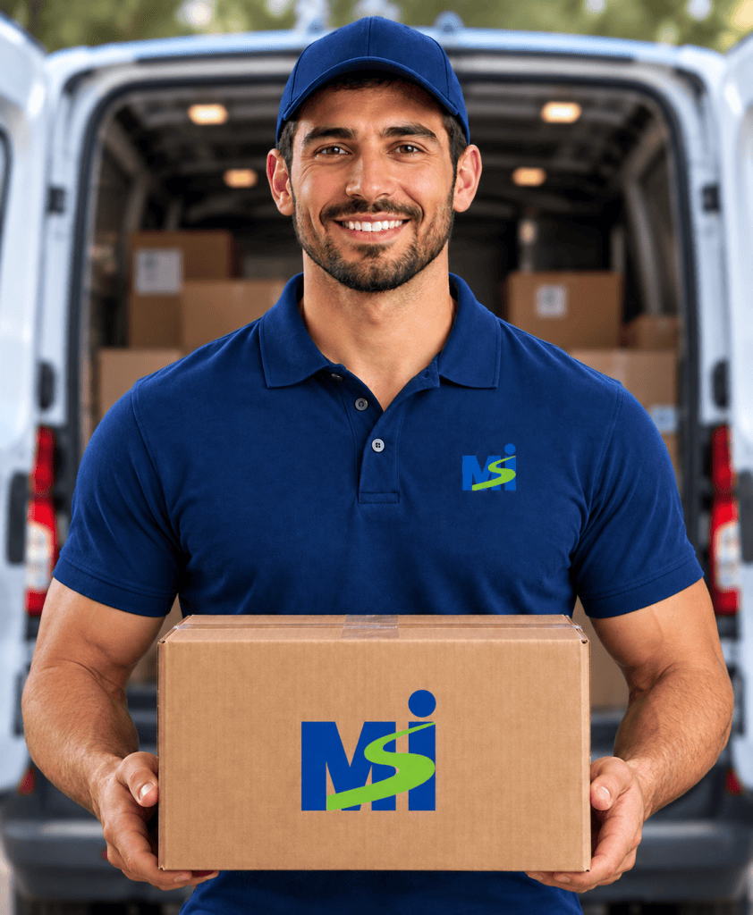 Delivery man holding MSI box with a transit van behind him full of boxes