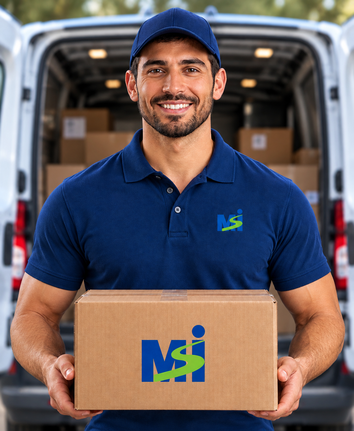 Delivery man holding MSI box with a transit van behind him full of boxes