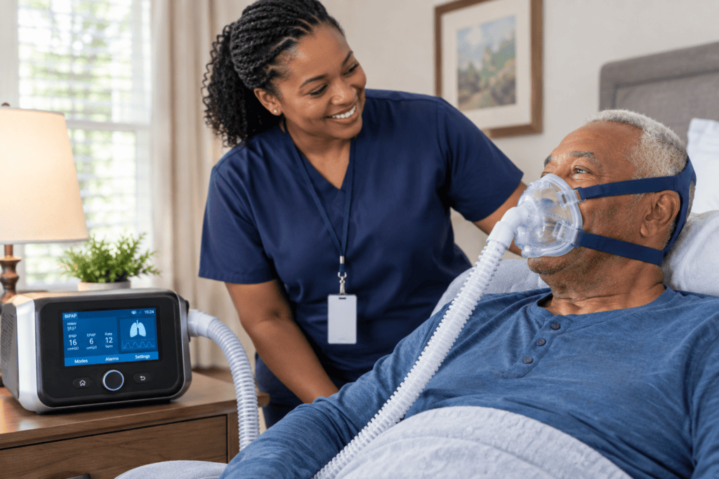 nurse oversees patient at home with NIV therapy mask on