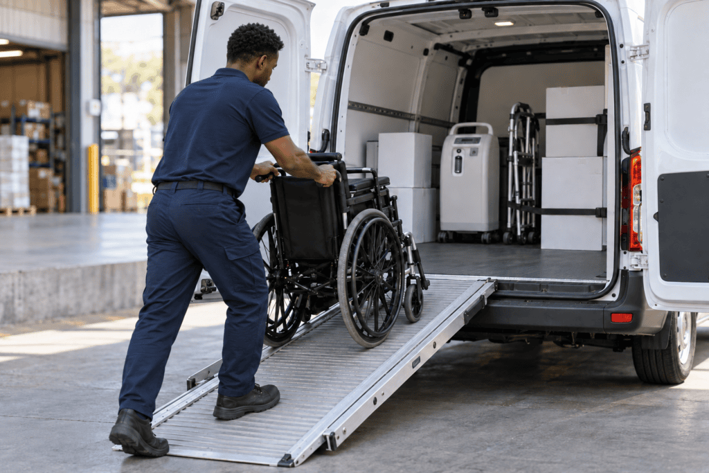Courier loading a wheelchair into the back of his cargo van full of other home medical equipment ready for delivery