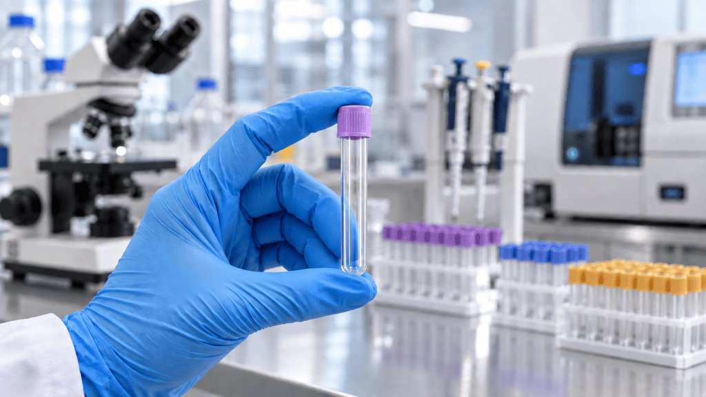 gloved hand is holding an empty blood vial, showing laboratory specimen delivery healthcare logistics