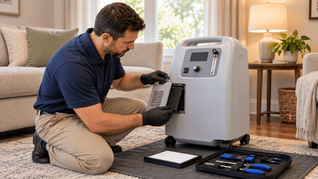Technician performing maintenance to an oxygen concentrator, managed by field equipment operations