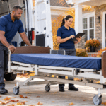 Home medical equipment technicians coordinate bed delivery and equipment documentation beside a white cargo van at a patient’s home.