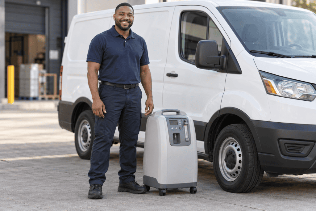 courier stands next to his van with an oxygen concentrator, ready to deliver