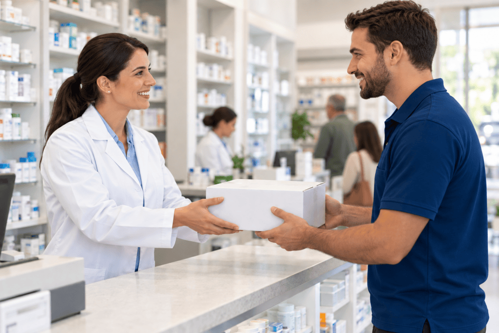 courier is receiving a package from a pharmacist to be delivered