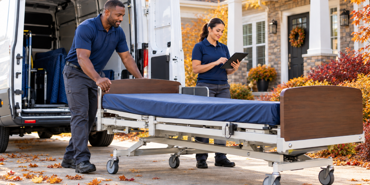 Home medical equipment technicians coordinate bed delivery and equipment documentation beside a white cargo van at a patient’s home.